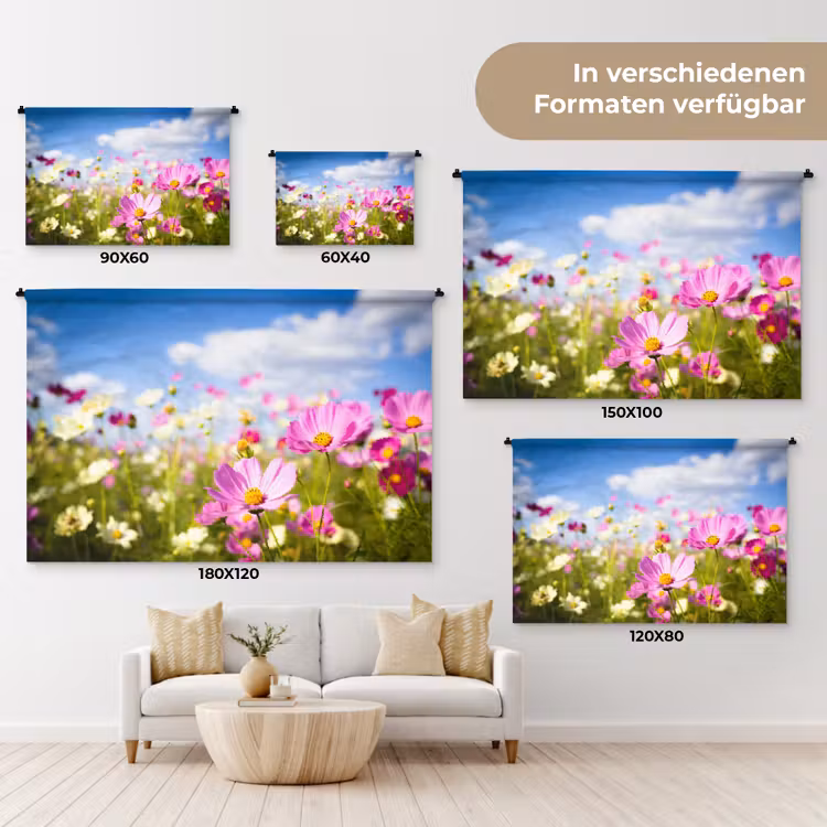 Bloemen - Wei - Paars - Gras - Wit - Wolken - Blauw Wandkleed katoen klein -tsfeer8_DE