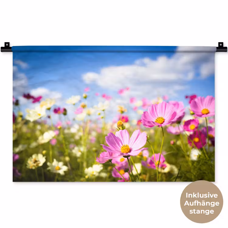 Bloemen - Wei - Paars - Gras - Wit - Wolken - Blauw Wandkleed katoen klein -t3d_DE
