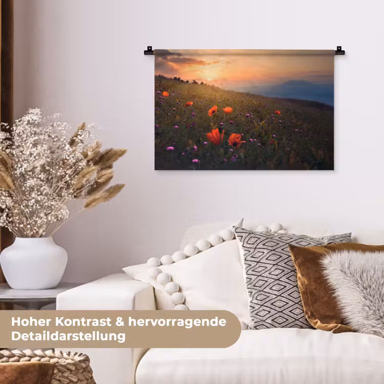Bloemenveld - Gras - Bloemen - Planten - Zonsondergang - Oranje Wandkleed katoen klein -tsfeer1_DE