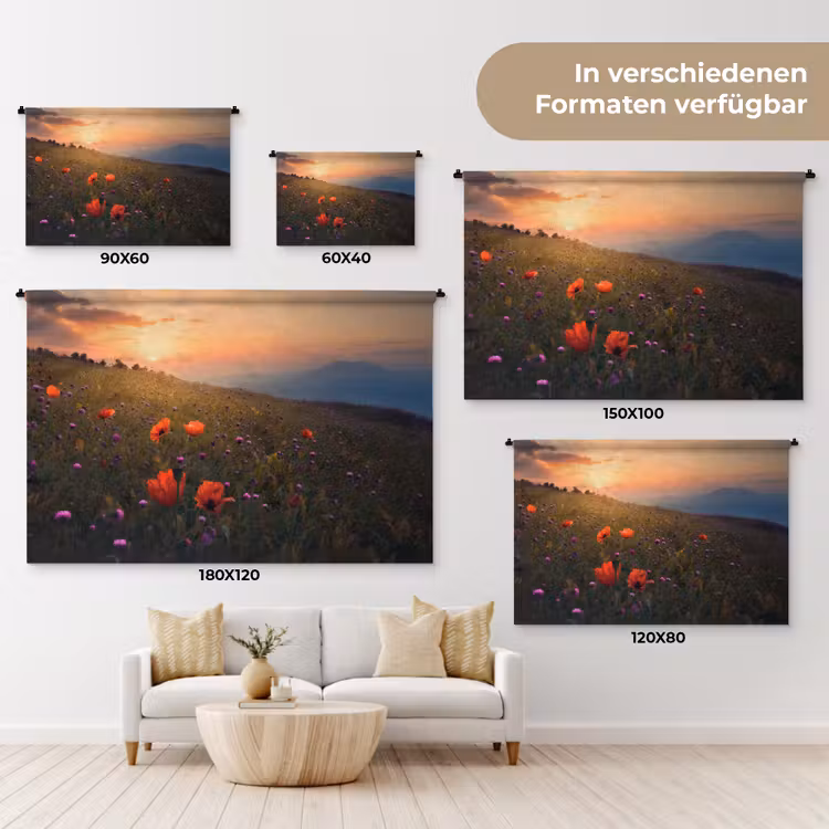 Bloemenveld - Gras - Bloemen - Planten - Zonsondergang - Oranje Wandkleed katoen klein -tsfeer8_DE