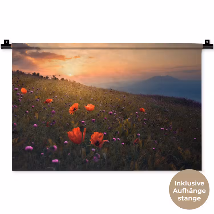 Bloemenveld - Gras - Bloemen - Planten - Zonsondergang - Oranje Wandkleed katoen klein -t3d_DE
