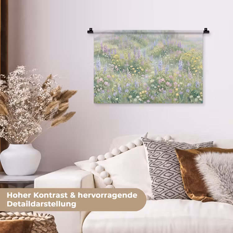 Bloemenveld - Heuvels - Kleurrijk Wandkleed katoen klein -tsfeer1_DE