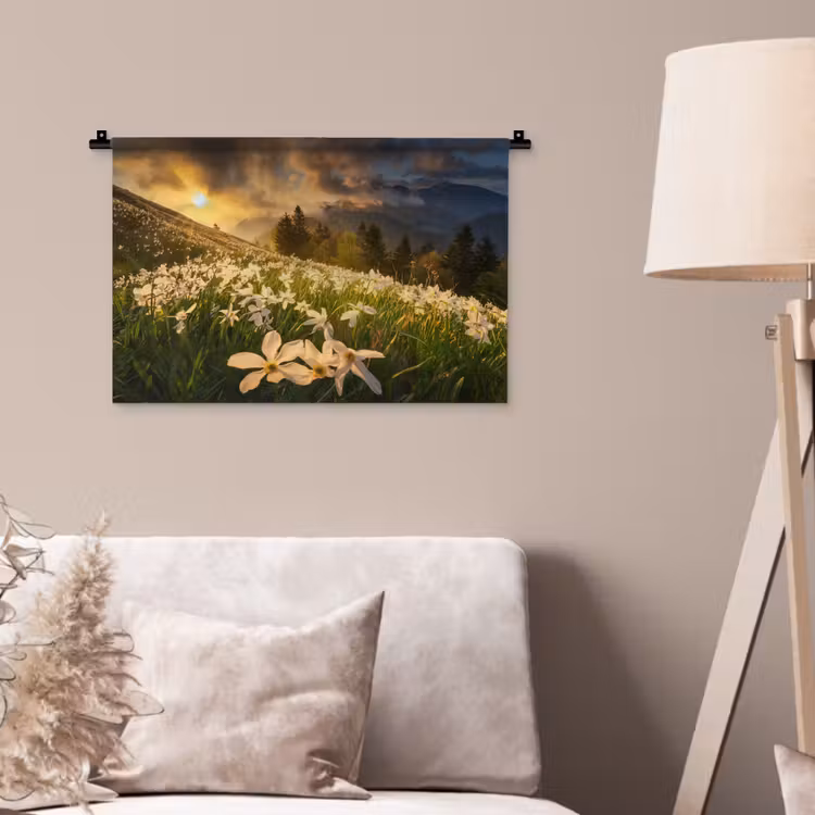 Bloemenveld - Heuvels - Zonsondergang - Berg - Natuur - Wit - Heuvels Wandkleed katoen klein -sfeer4