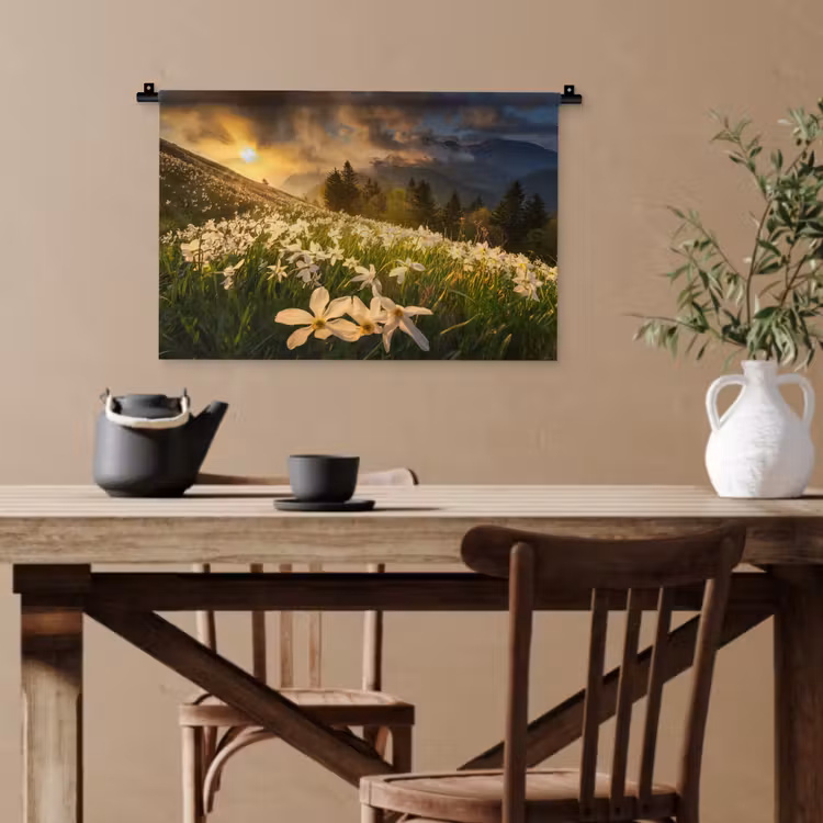 Bloemenveld - Heuvels - Zonsondergang - Berg - Natuur - Wit - Heuvels Wandkleed katoen klein -sfeer6