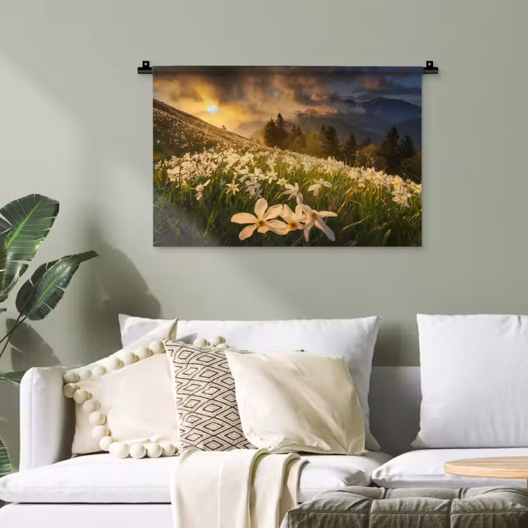 Bloemenveld - Heuvels - Zonsondergang - Berg - Natuur - Wit - Heuvels Wandkleed katoen klein -sfeer7