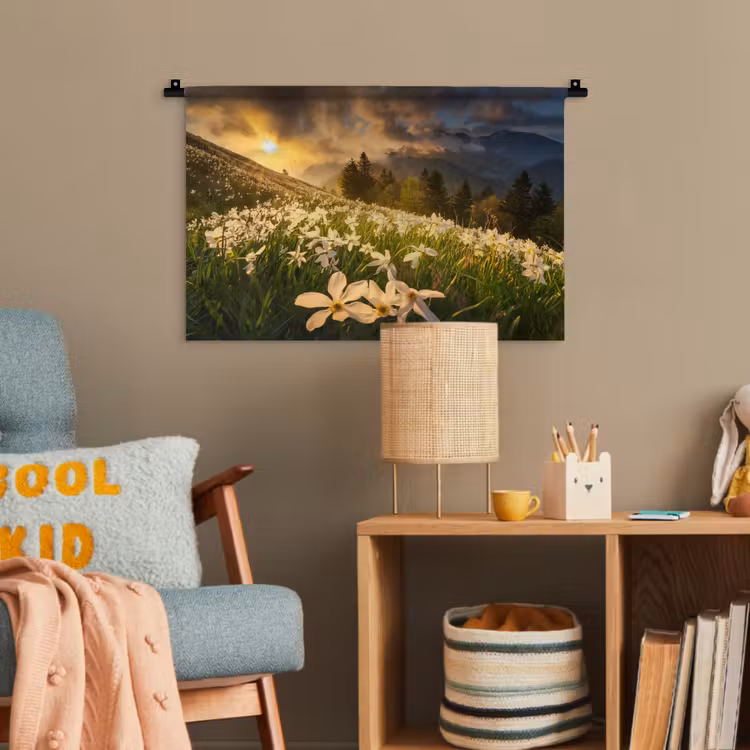 Bloemenveld - Heuvels - Zonsondergang - Berg - Natuur - Wit - Heuvels Wandkleed katoen klein -wsfeer4_kind