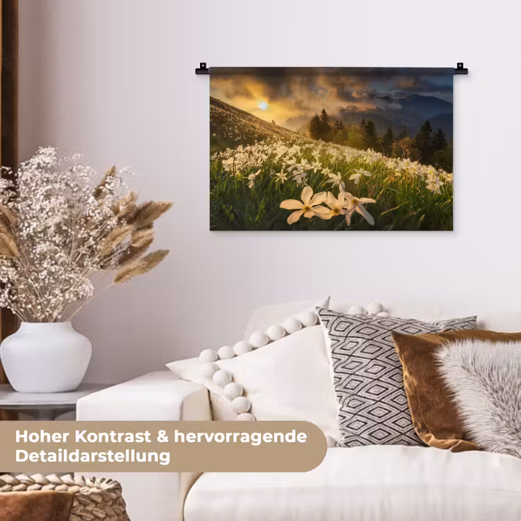 Bloemenveld - Heuvels - Zonsondergang - Berg - Natuur - Wit - Heuvels Wandkleed katoen klein -tsfeer1_DE