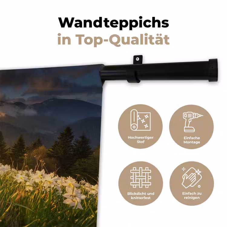 Bloemenveld - Heuvels - Zonsondergang - Berg - Natuur - Wit - Heuvels Wandkleed katoen klein -tsfeer2_DE