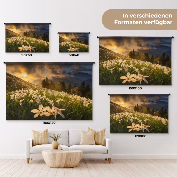 Bloemenveld - Heuvels - Zonsondergang - Berg - Natuur - Wit - Heuvels Wandkleed katoen klein -tsfeer8_DE