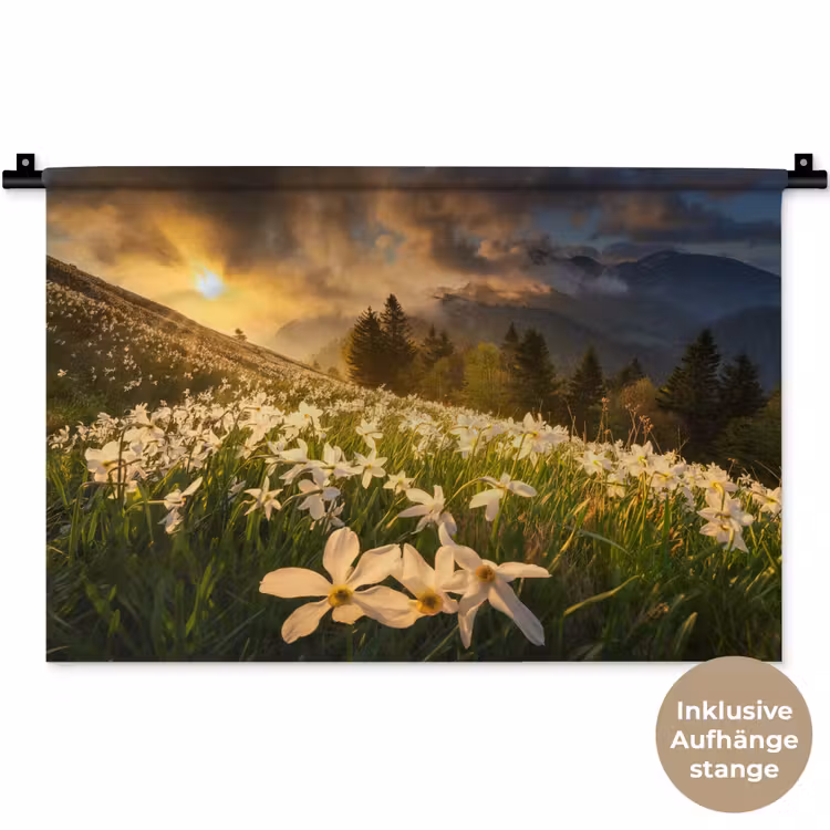 Bloemenveld - Heuvels - Zonsondergang - Berg - Natuur - Wit - Heuvels Wandkleed katoen klein -t3d_DE