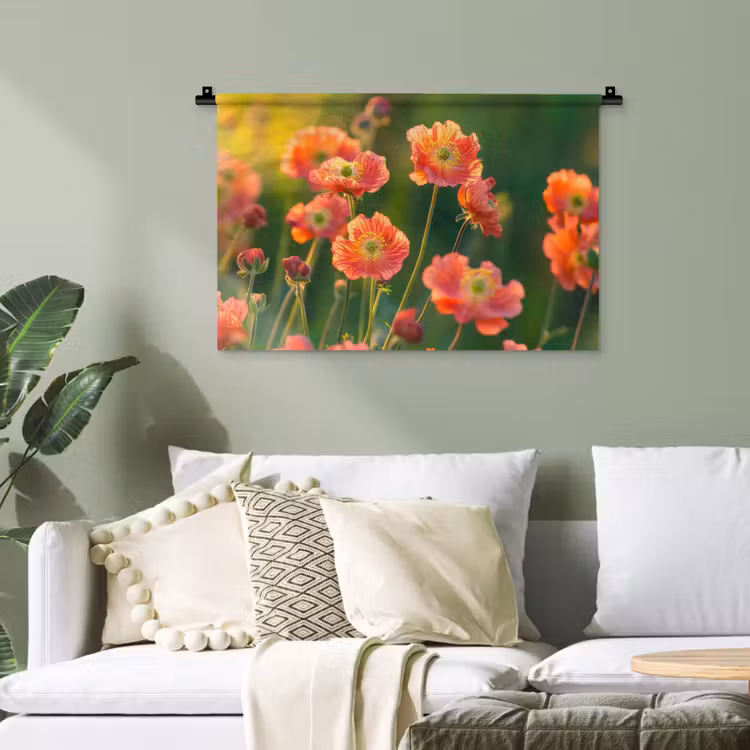 Bloemenveld - Zonnestralen - Oranje Wandkleed katoen klein -sfeer7