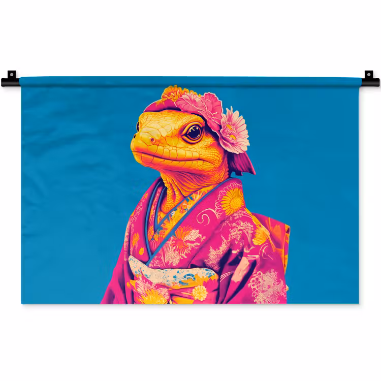 Bloemenkrans - Hagedis - Kimono - Paars Wandkleed katoen klein -zz3d