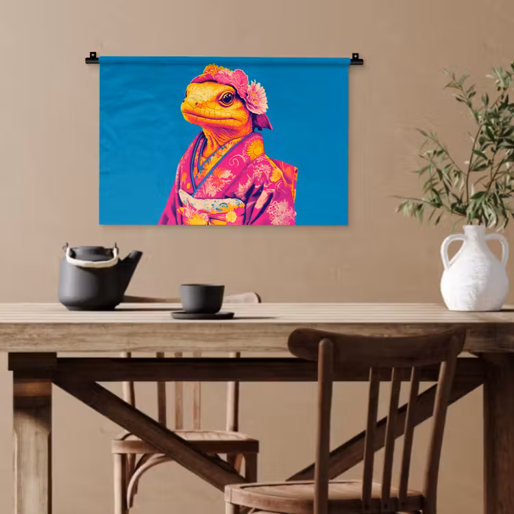 Bloemenkrans - Hagedis - Kimono - Paars Wandkleed katoen klein -sfeer6