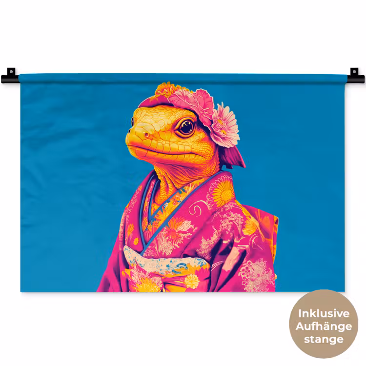 Bloemenkrans - Hagedis - Kimono - Paars Wandkleed katoen klein -t3d_DE