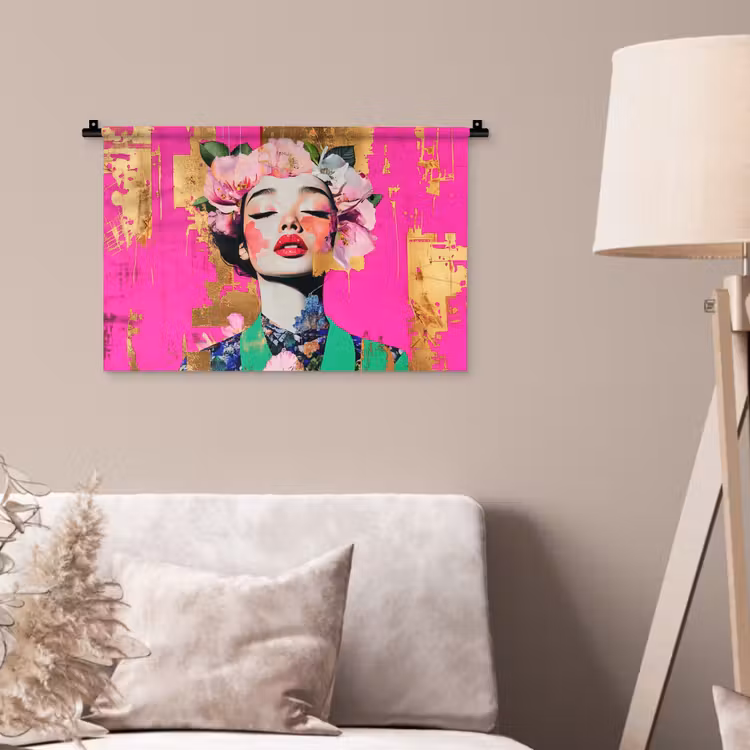 Bloemenkroon - Goud - Vrouw - Portret Wandkleed katoen klein -sfeer4