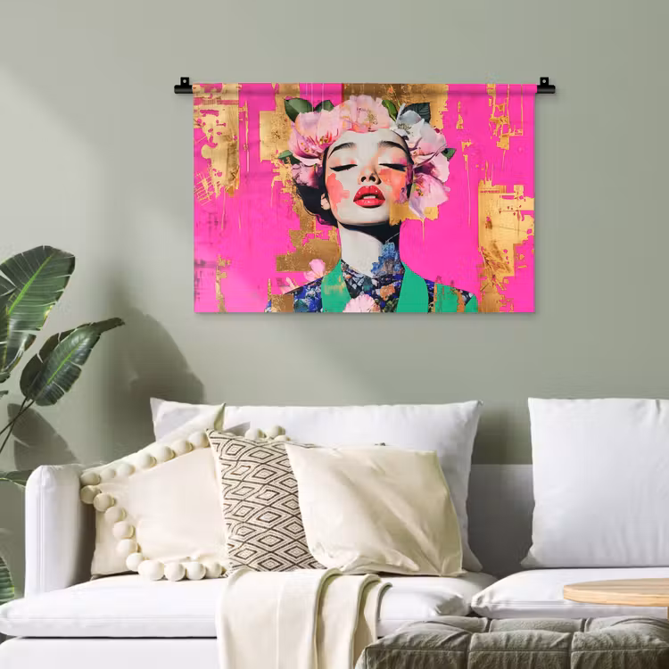 Bloemenkroon - Goud - Vrouw - Portret Wandkleed katoen klein -sfeer7