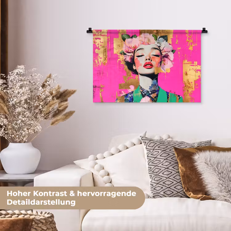 Bloemenkroon - Goud - Vrouw - Portret Wandkleed katoen klein -tsfeer1_DE