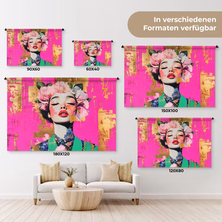 Bloemenkroon - Goud - Vrouw - Portret Wandkleed katoen klein -tsfeer8_DE