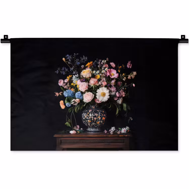 Bloemenvaas - Hout - Bloemen - Boeket Wandkleed katoen klein -zz3d