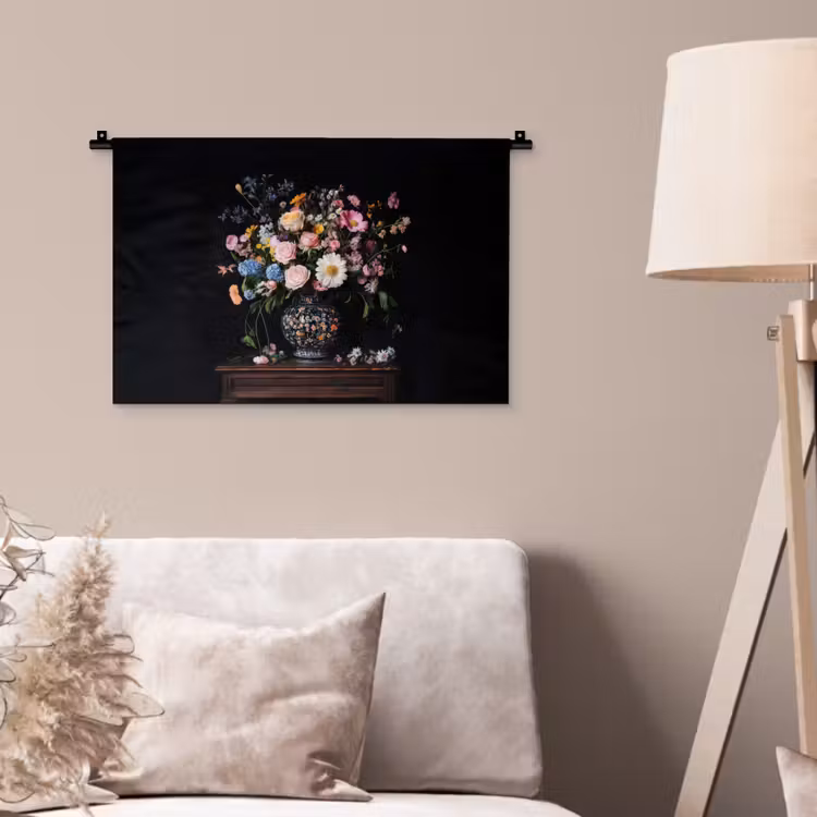 Bloemenvaas - Hout - Bloemen - Boeket Wandkleed katoen klein -sfeer4
