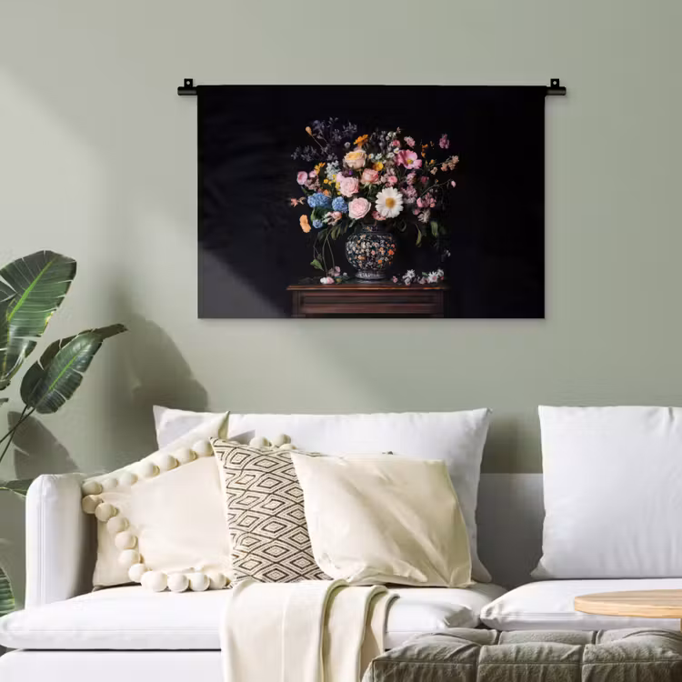 Bloemenvaas - Hout - Bloemen - Boeket Wandkleed katoen klein -sfeer7