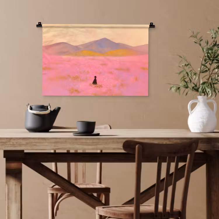Bloemenweide - Heuvels - Silhouet - Roze Wandkleed katoen klein -sfeer6