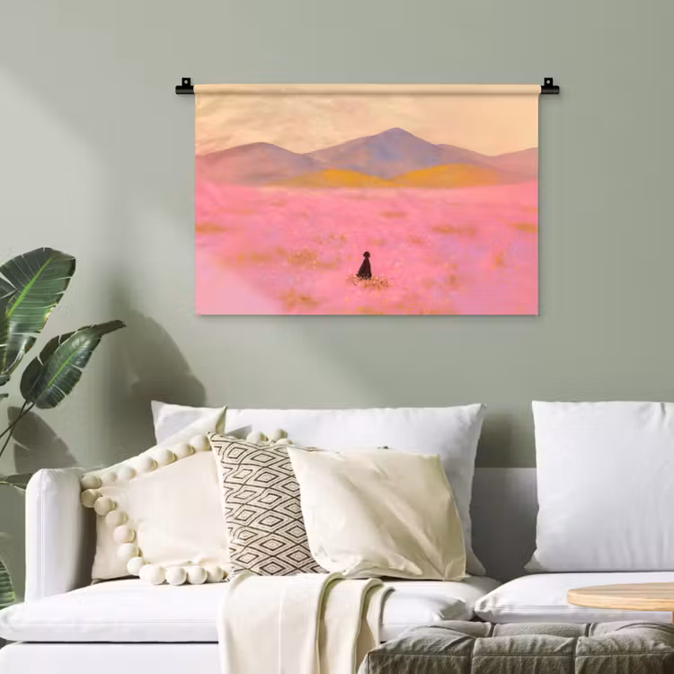 Bloemenweide - Heuvels - Silhouet - Roze Wandkleed katoen klein -sfeer7