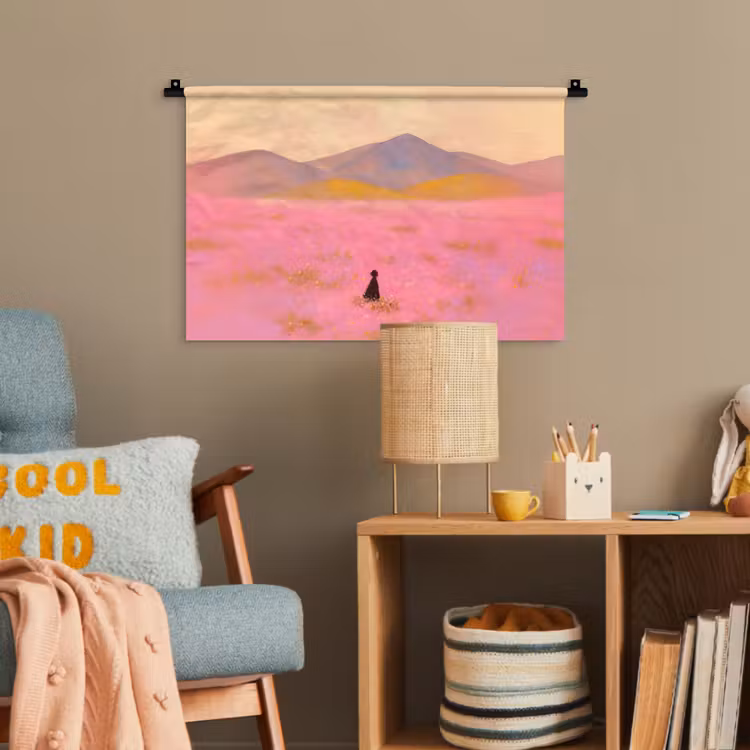 Bloemenweide - Heuvels - Silhouet - Roze Wandkleed katoen klein -wsfeer4_kind