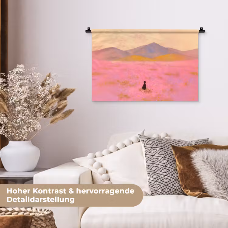 Bloemenweide - Heuvels - Silhouet - Roze Wandkleed katoen klein -tsfeer1_DE