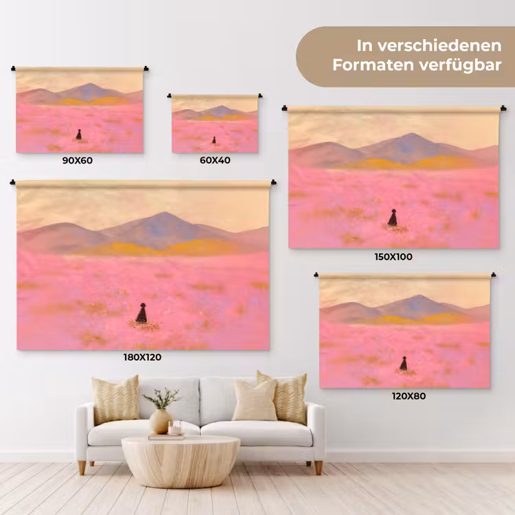 Bloemenweide - Heuvels - Silhouet - Roze Wandkleed katoen klein -tsfeer8_DE