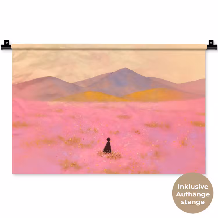 Bloemenweide - Heuvels - Silhouet - Roze Wandkleed katoen klein -t3d_DE