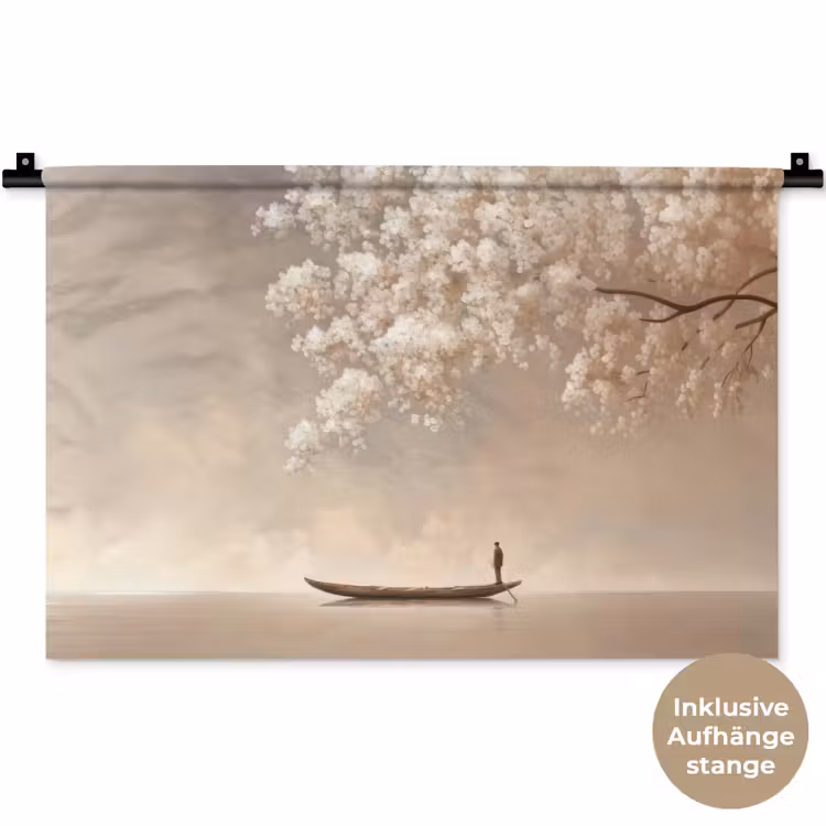 Bloesems - Wit - Boot - Minimalistisch Wandkleed katoen klein -t3d_DE