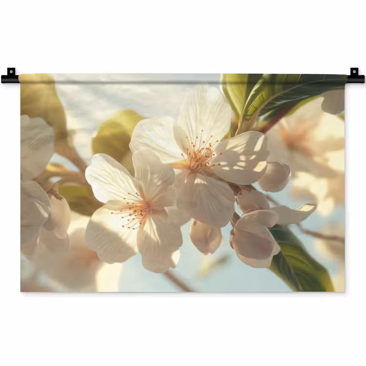 Bloesems - Wit - Zonnestralen - Bloemblaadjes Wandkleed katoen klein -zz3d