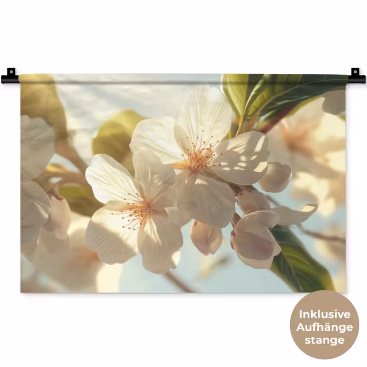 Bloesems - Wit - Zonnestralen - Bloemblaadjes Wandkleed katoen klein -t3d_DE
