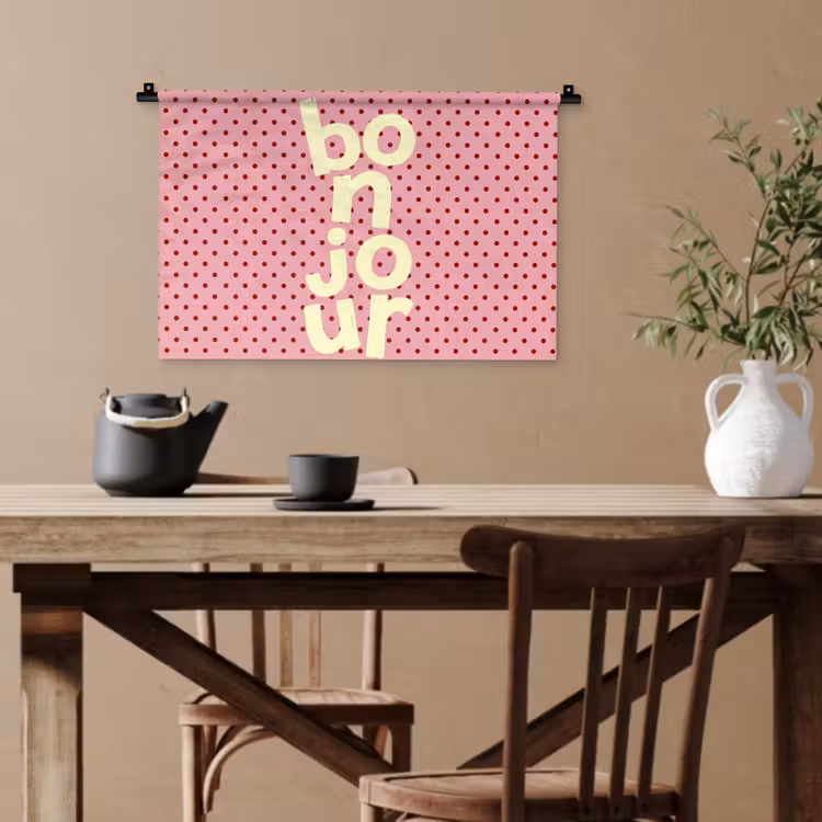 Bonjour - Stippen - Roze- Geel Wandkleed katoen klein -sfeer6