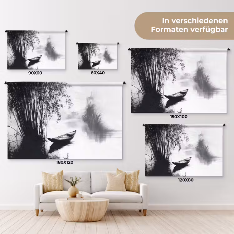 Boot - Rivier - Bamboe - Wit Wandkleed katoen klein -tsfeer8_DE