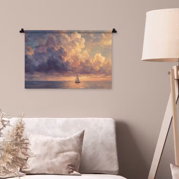 Boot - Zonsondergang - Zee - Natuur - Goud Wandkleed katoen klein -sfeer4