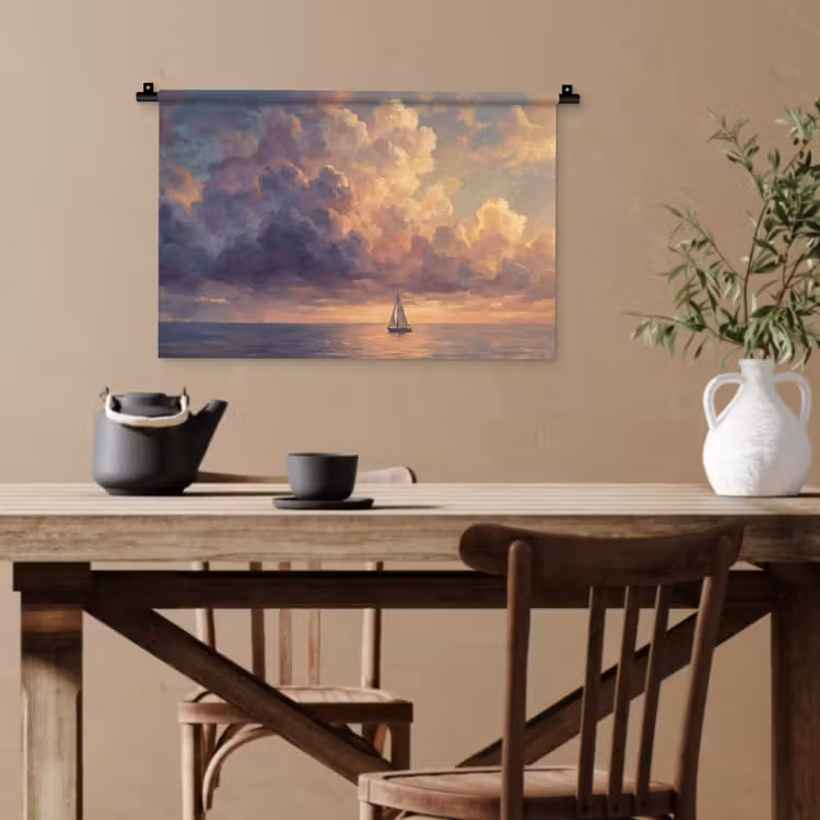 Boot - Zonsondergang - Zee - Natuur - Goud Wandkleed katoen klein -sfeer6
