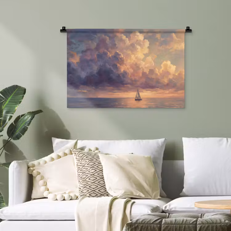 Boot - Zonsondergang - Zee - Natuur - Goud Wandkleed katoen klein -sfeer7
