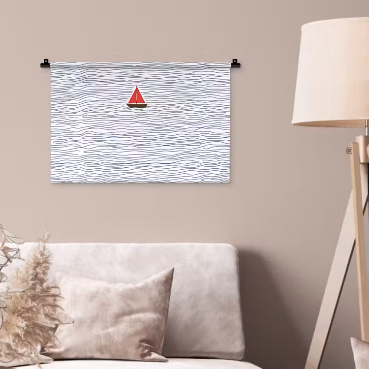 Boot - Water - Rood - Illustratie - Minimalistisch Wandkleed katoen klein -sfeer4