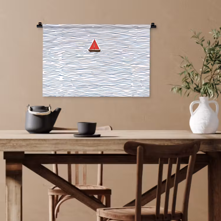 Boot - Water - Rood - Illustratie - Minimalistisch Wandkleed katoen klein -sfeer6