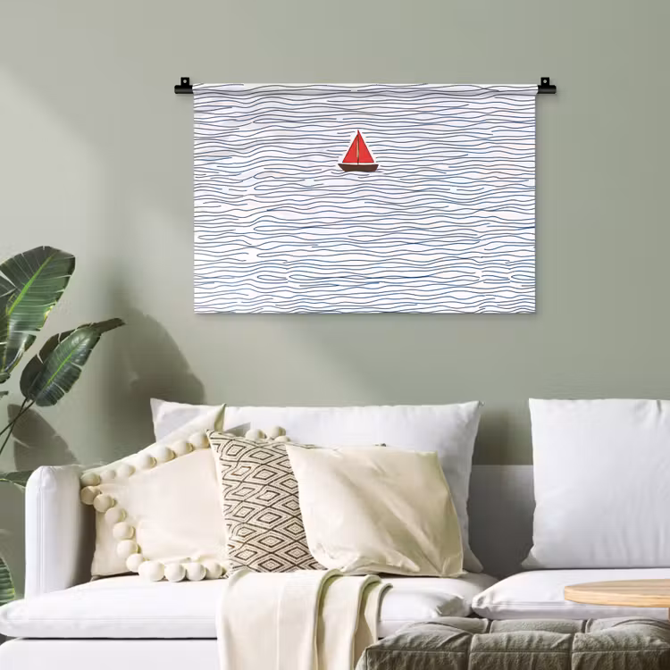 Boot - Water - Rood - Illustratie - Minimalistisch Wandkleed katoen klein -sfeer7