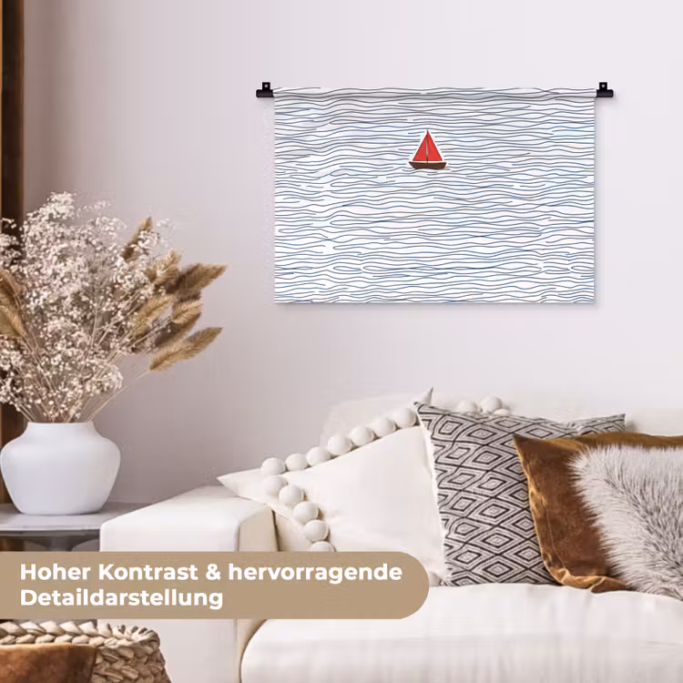 Boot - Water - Rood - Illustratie - Minimalistisch Wandkleed katoen klein -tsfeer1_DE