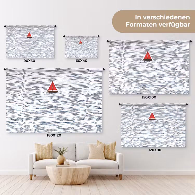 Boot - Water - Rood - Illustratie - Minimalistisch Wandkleed katoen klein -tsfeer8_DE