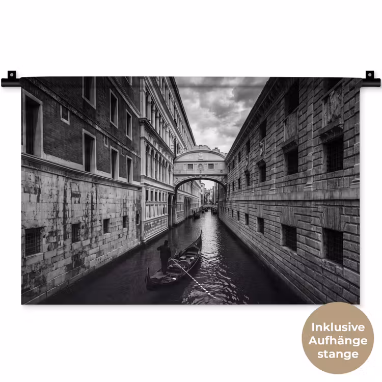 Boot - Waterweg - Stad - Zwart-wit - Architectuur Wandkleed katoen klein -t3d_DE