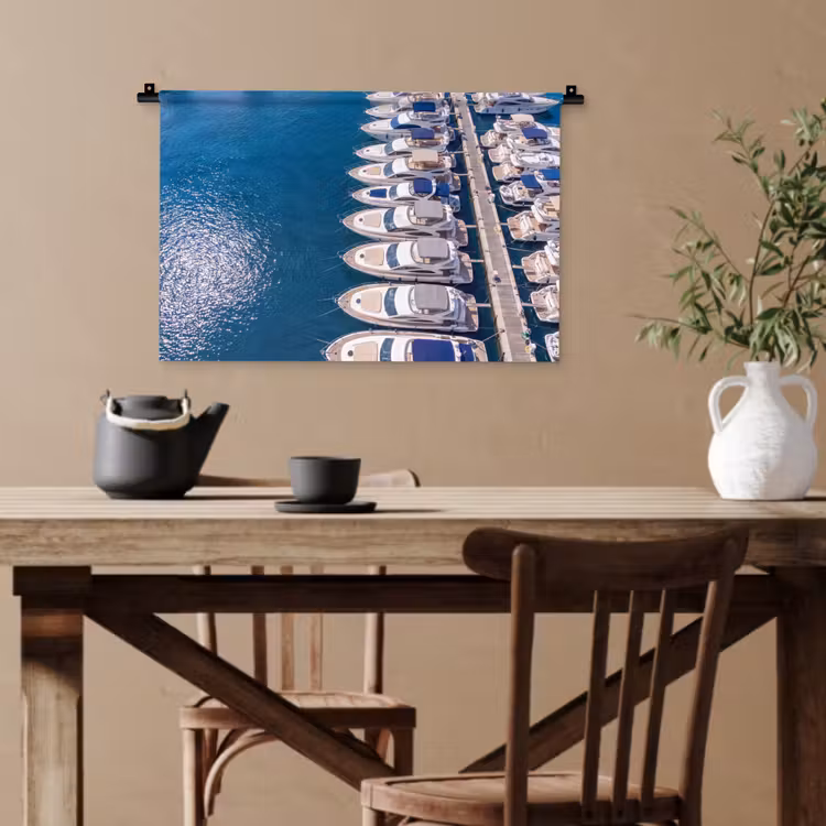 Boot - Jachthaven - Water - Zomer - Blauw Wandkleed katoen klein -sfeer6