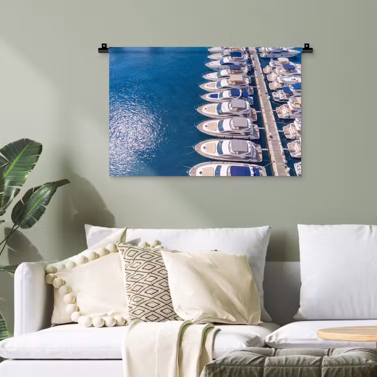 Boot - Jachthaven - Water - Zomer - Blauw Wandkleed katoen klein -sfeer7