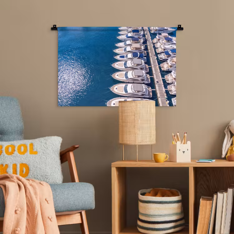Boot - Jachthaven - Water - Zomer - Blauw Wandkleed katoen klein -wsfeer4_kind