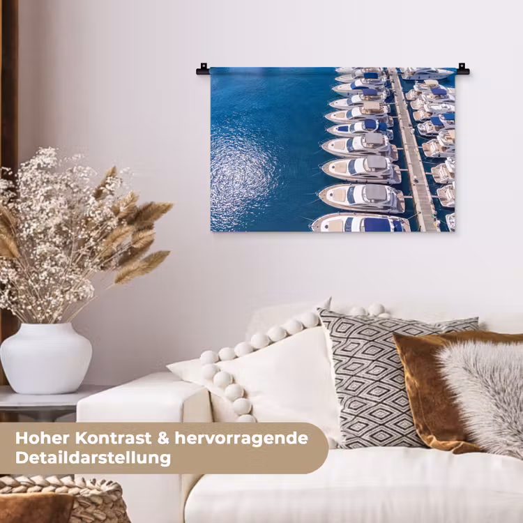 Boot - Jachthaven - Water - Zomer - Blauw Wandkleed katoen klein -tsfeer1_DE
