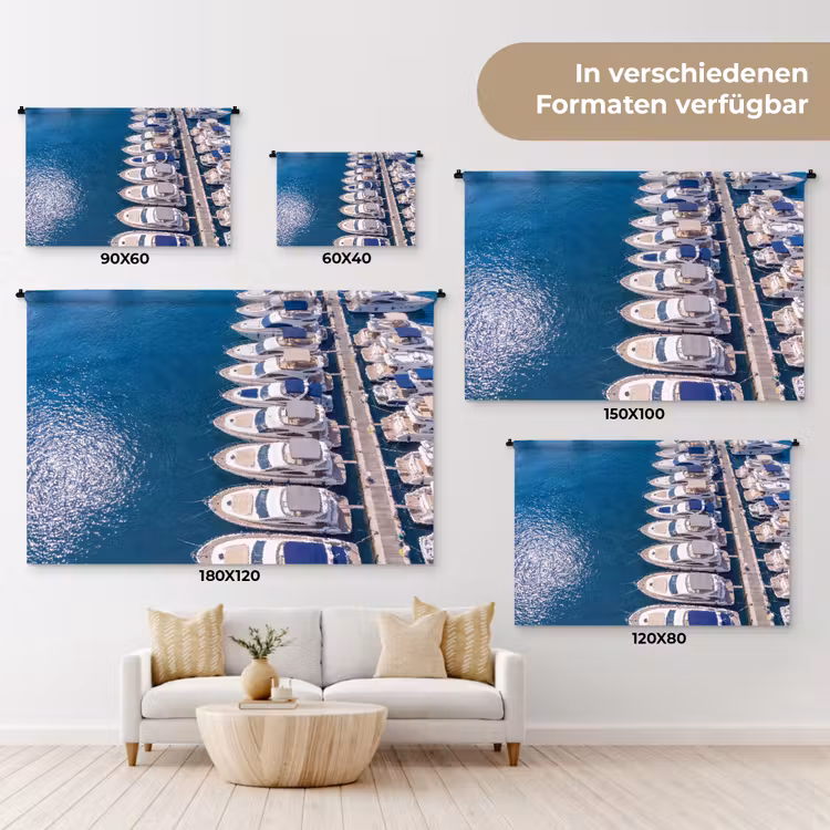 Boot - Jachthaven - Water - Zomer - Blauw Wandkleed katoen klein -tsfeer8_DE